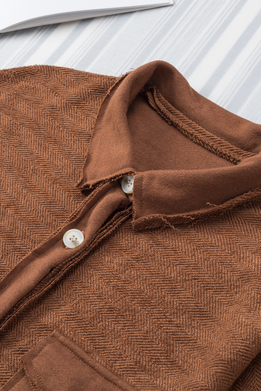 Contrast Flap Pockets Brown Relaxed Shacket featuring stylish design with two chest pockets and long sleeves, perfect for winter layering.