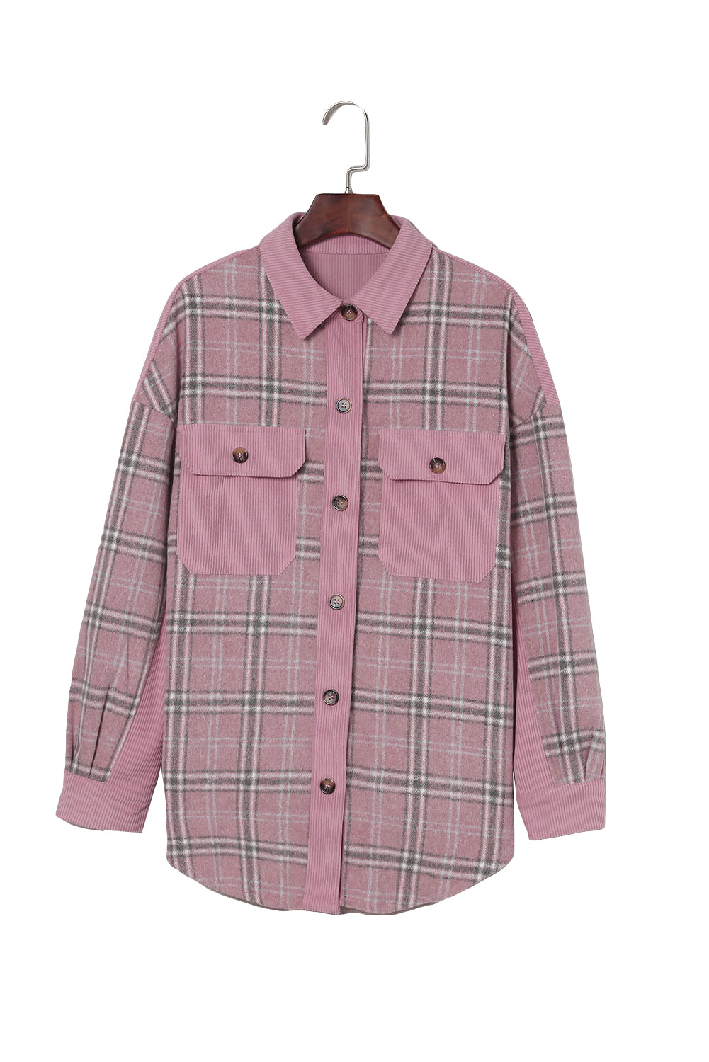 Corduroy plaid pattern shacket featuring a relaxed fit, chest pockets, and button closure, perfect for casual wear.