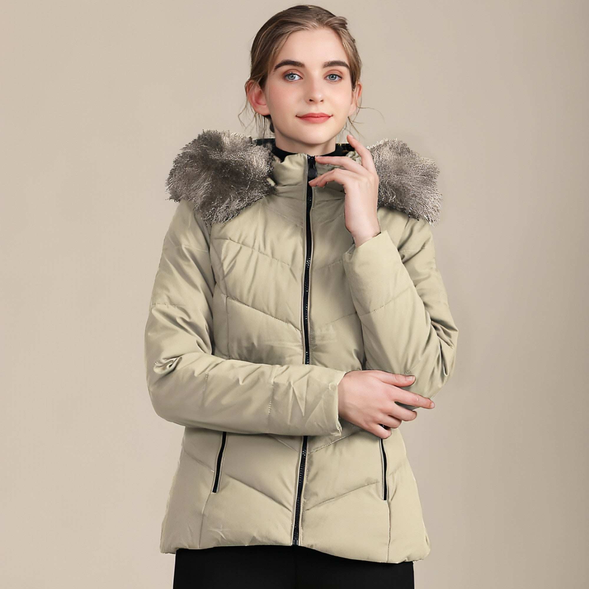 A stylish women's cotton-padded jacket with a standing collar, perfect for cold weather, showcasing its elegant design and warm features.