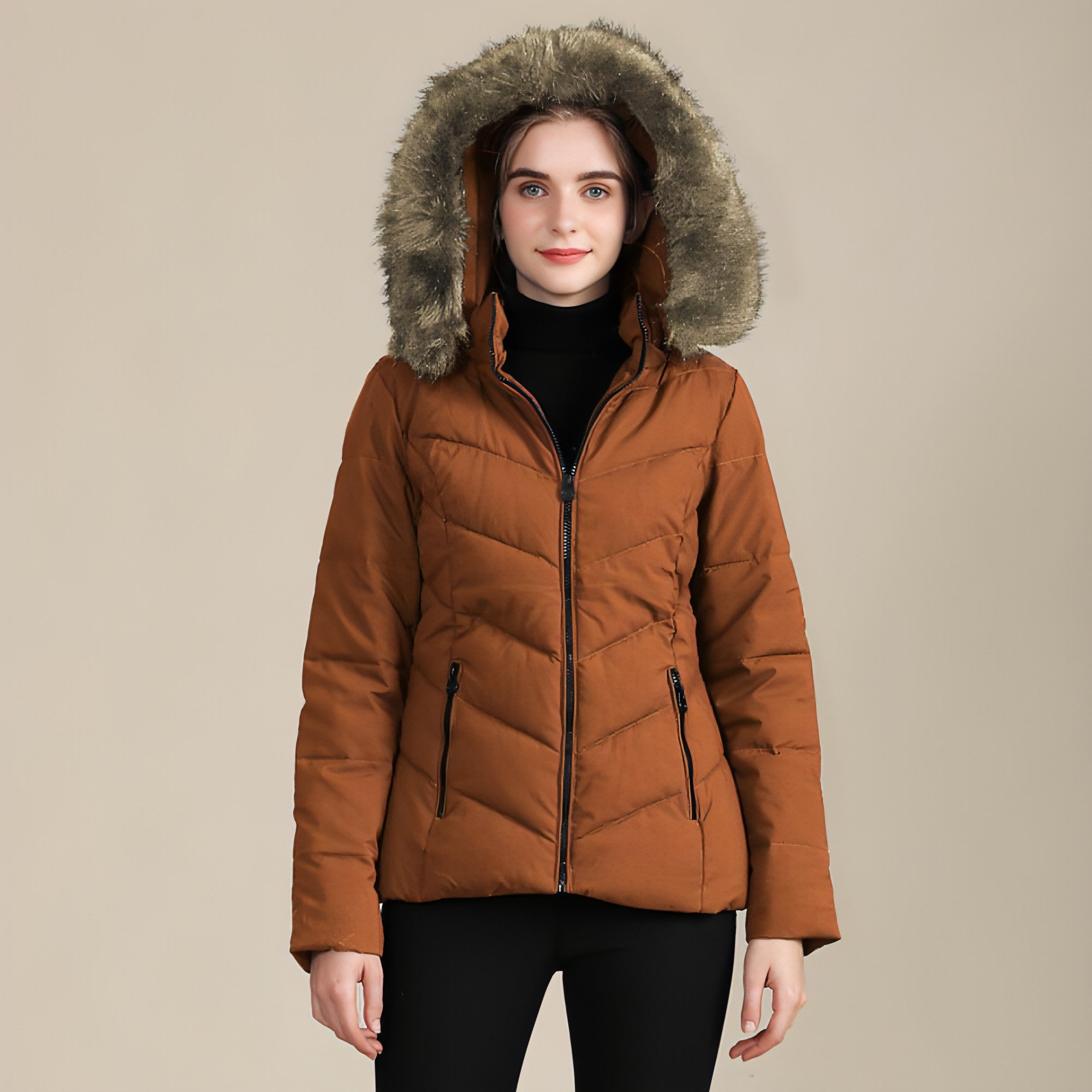 A stylish women's cotton-padded jacket with a standing collar, perfect for cold weather, showcasing its elegant design and warm features.