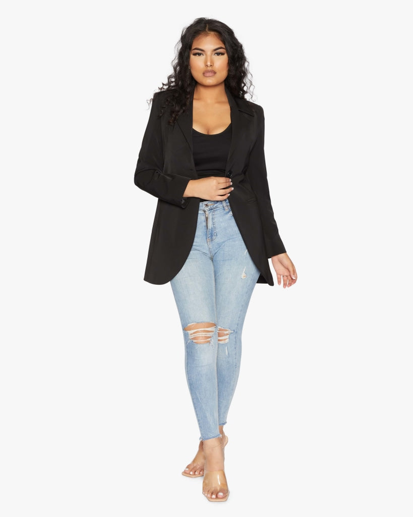 A stylish women's Curved Hem Longline Blazer in a chic design, featuring a flattering silhouette and a modern curved hem.