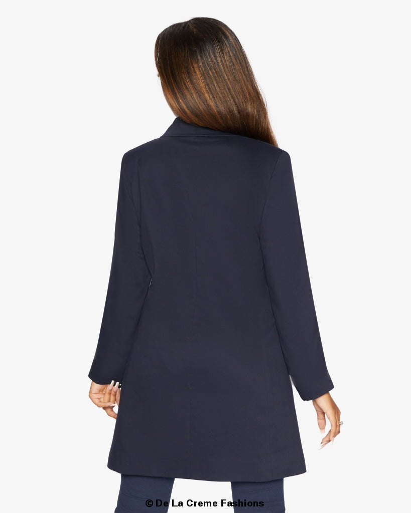 A stylish women's Curved Hem Longline Blazer in a chic design, featuring a flattering silhouette and a modern curved hem.