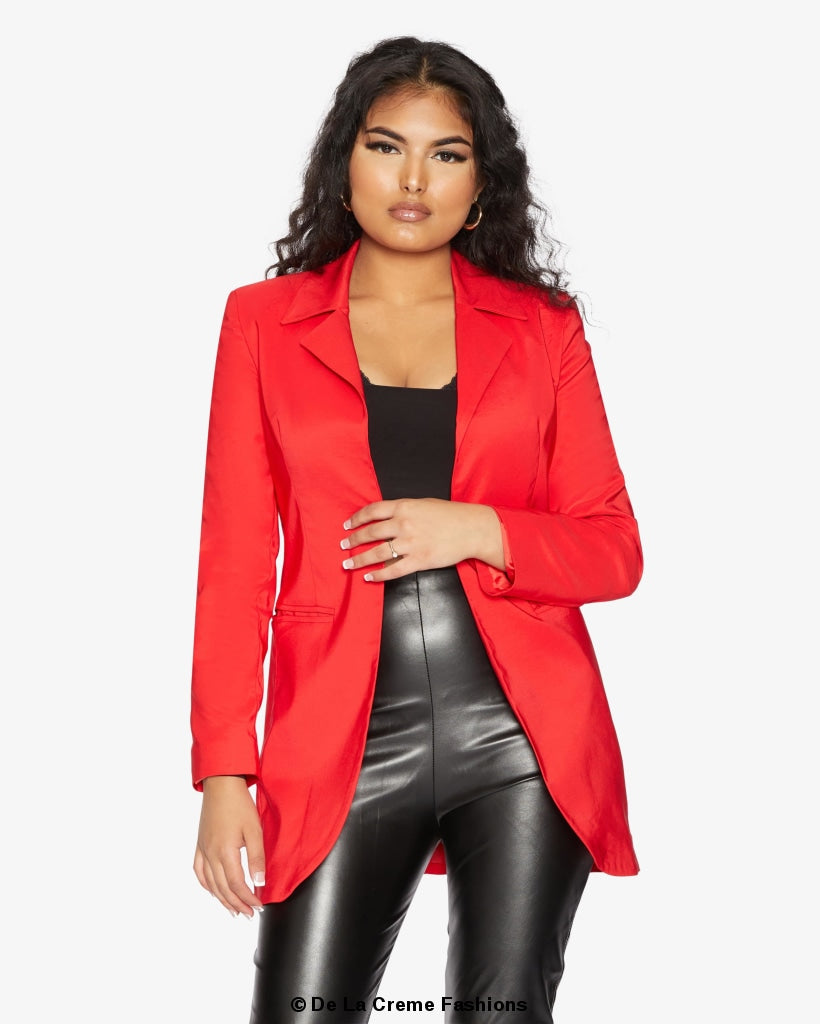 A stylish women's Curved Hem Longline Blazer in a chic design, featuring a flattering silhouette and a modern curved hem.