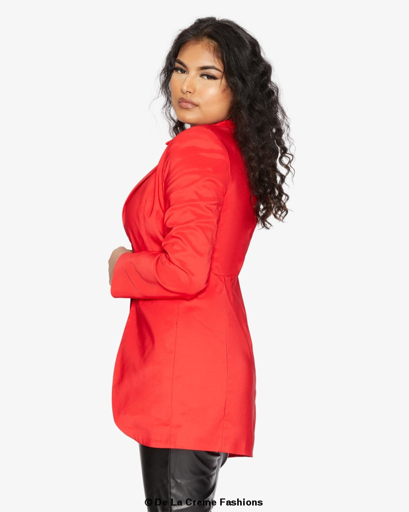 A stylish women's Curved Hem Longline Blazer in a chic design, featuring a flattering silhouette and a modern curved hem.