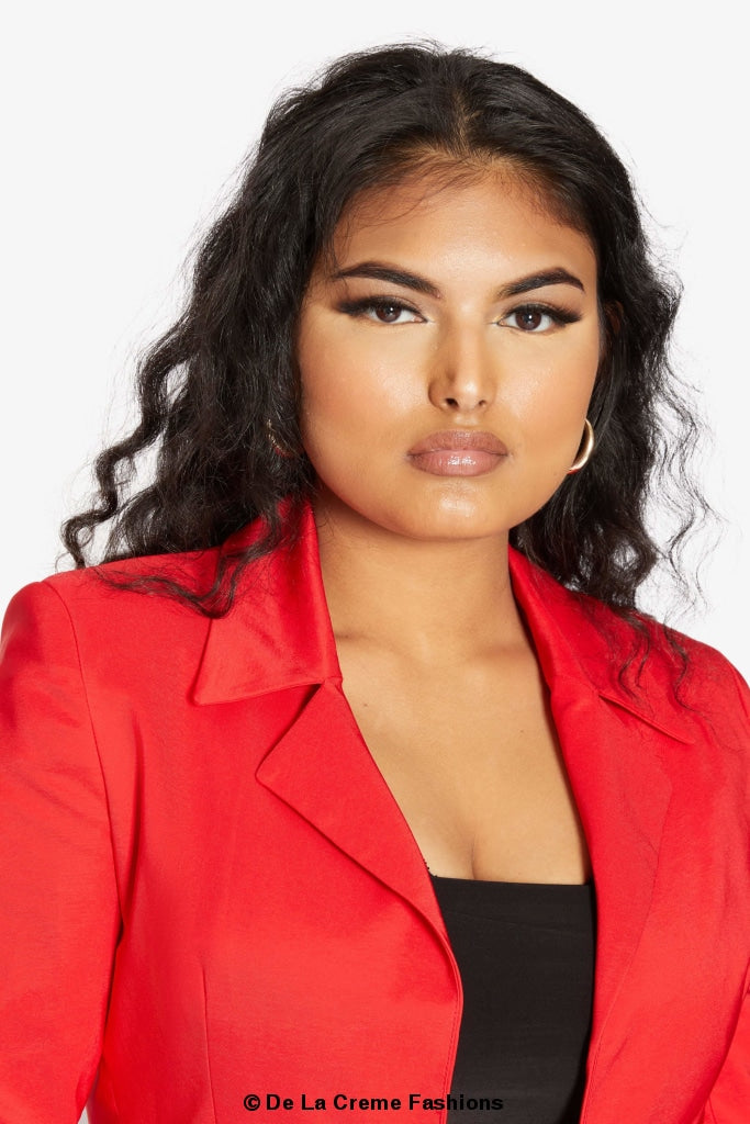 A stylish women's Curved Hem Longline Blazer in a chic design, featuring a flattering silhouette and a modern curved hem.