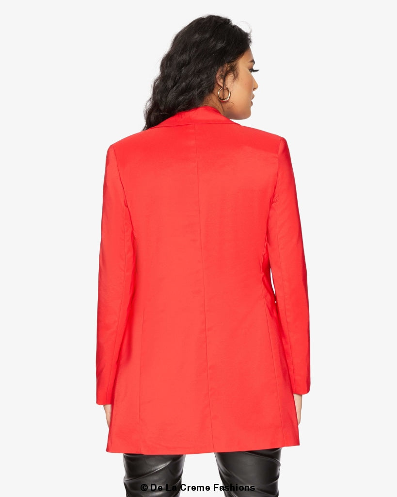 A stylish women's Curved Hem Longline Blazer in a chic design, featuring a flattering silhouette and a modern curved hem.