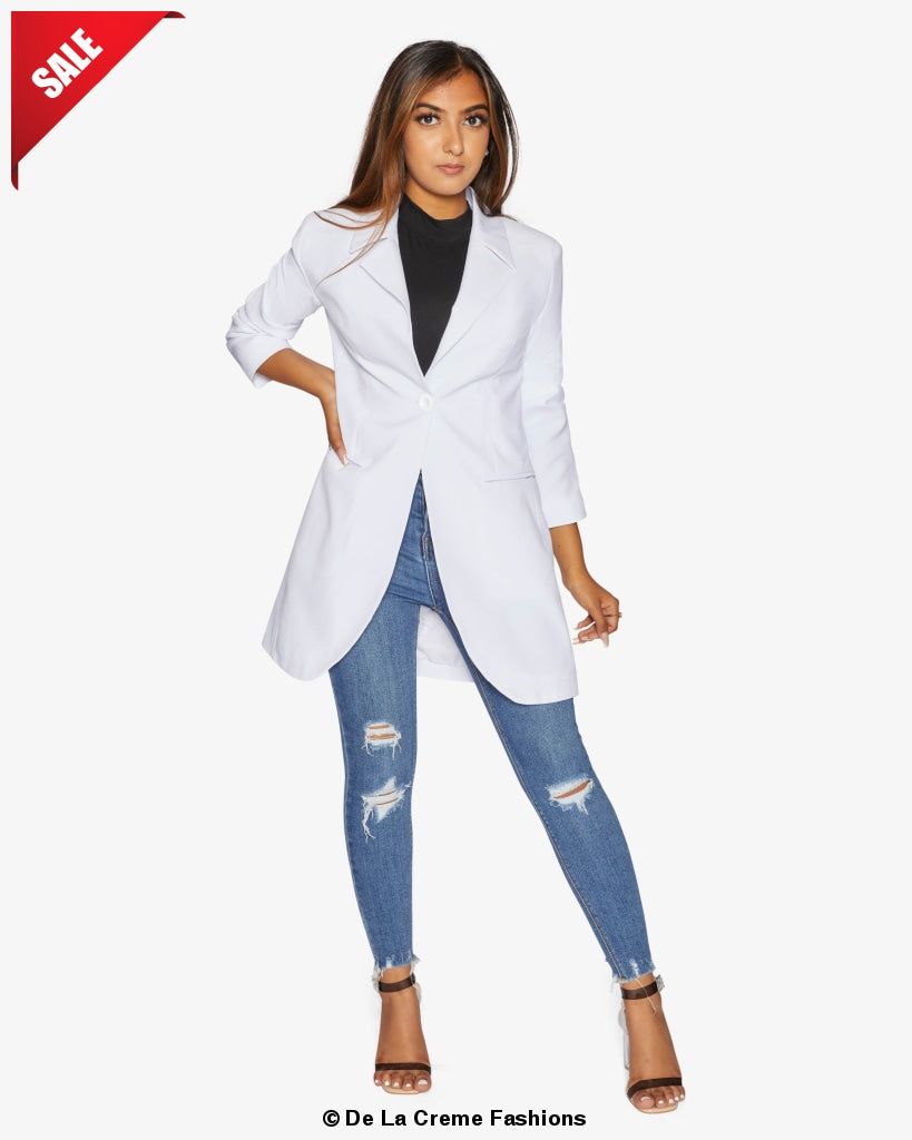 A stylish women's Curved Hem Longline Blazer in a chic design, featuring a flattering silhouette and a modern curved hem.