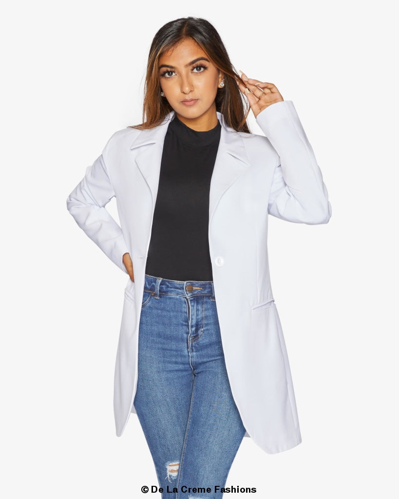 A stylish women's Curved Hem Longline Blazer in a chic design, featuring a flattering silhouette and a modern curved hem.
