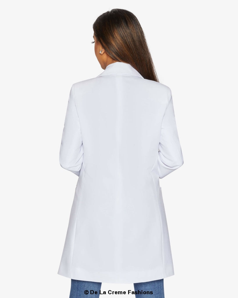 A stylish women's Curved Hem Longline Blazer in a chic design, featuring a flattering silhouette and a modern curved hem.