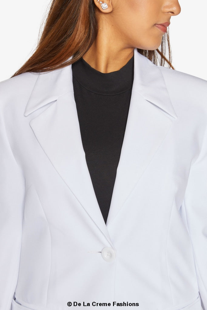 A stylish women's Curved Hem Longline Blazer in a chic design, featuring a flattering silhouette and a modern curved hem.