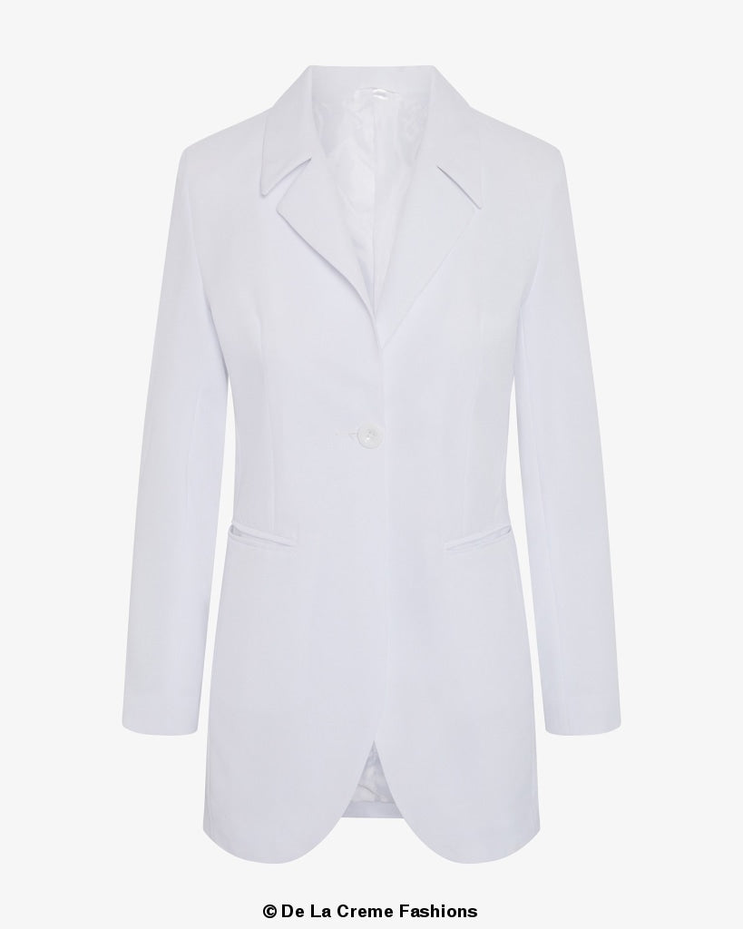 A stylish women's Curved Hem Longline Blazer in a chic design, featuring a flattering silhouette and a modern curved hem.