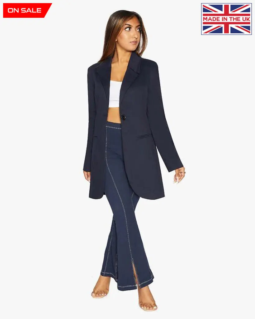 A stylish women's Curved Hem Longline Blazer in a chic design, featuring a flattering silhouette and a modern curved hem.