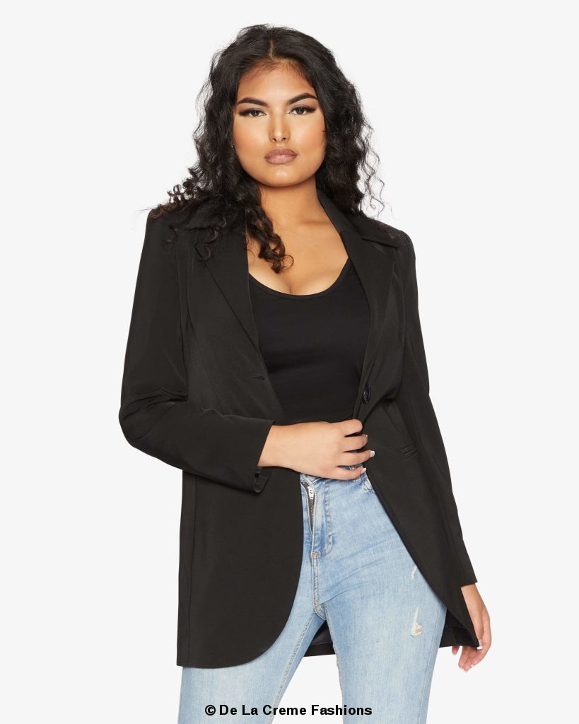 A stylish women's Curved Hem Longline Blazer in a chic design, featuring a flattering silhouette and a modern curved hem.