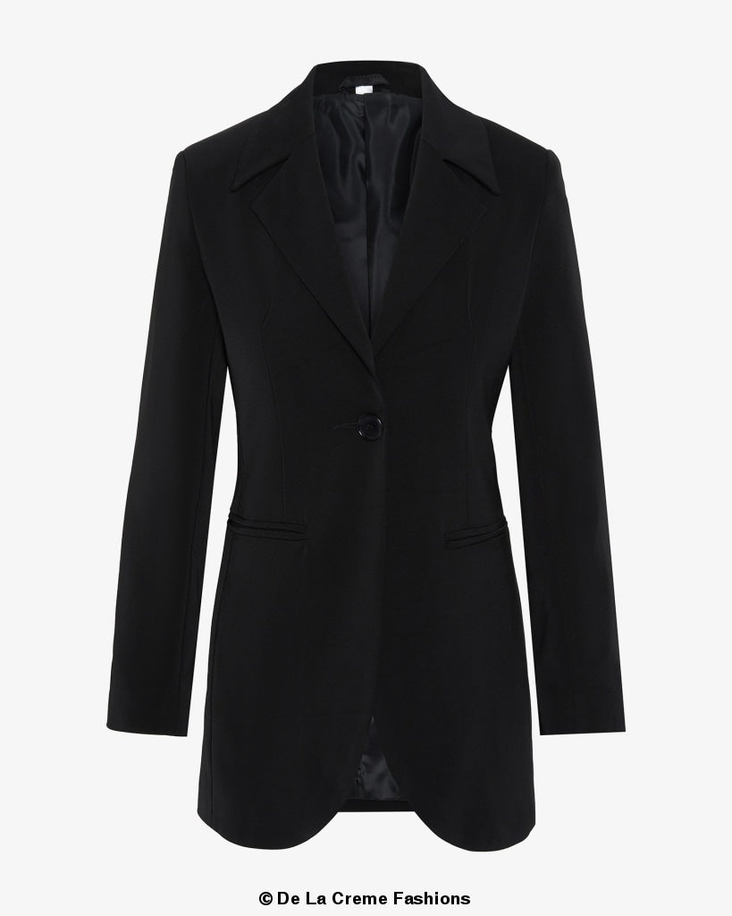 A stylish women's Curved Hem Longline Blazer in a chic design, featuring a flattering silhouette and a modern curved hem.