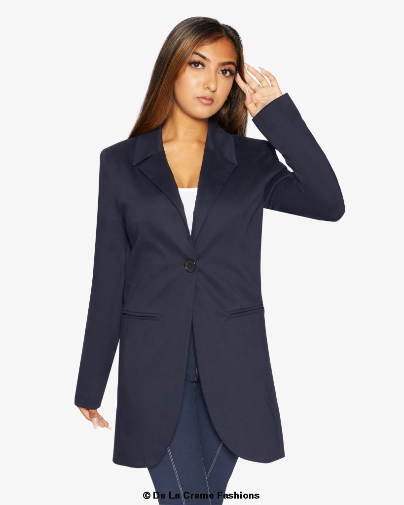A stylish women's Curved Hem Longline Blazer in a chic design, featuring a flattering silhouette and a modern curved hem.