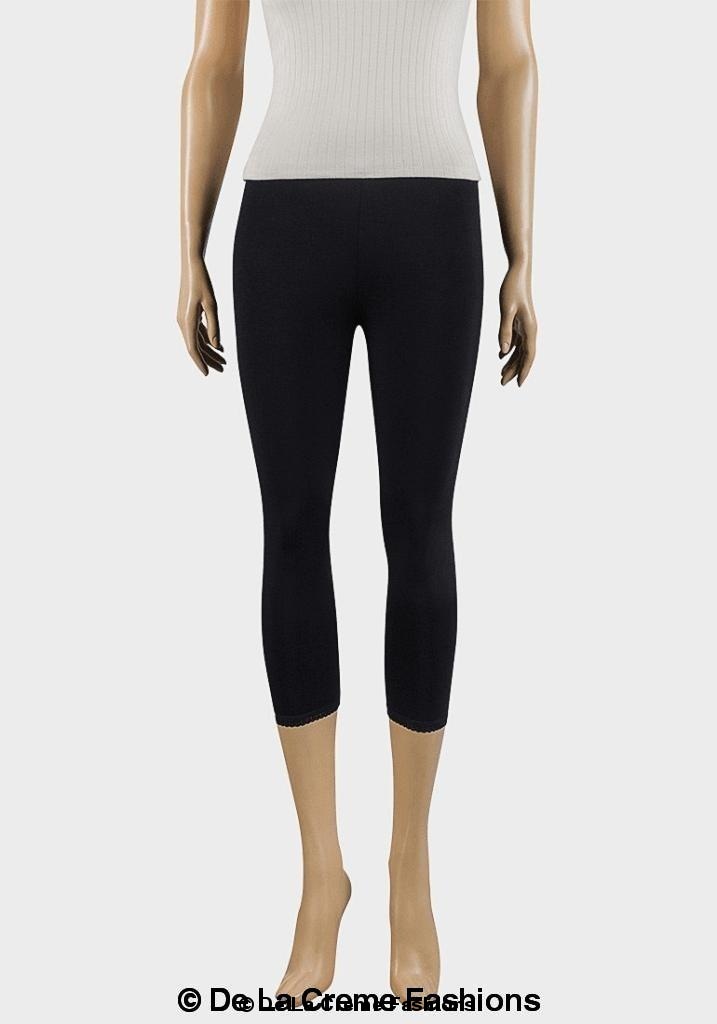 De La Creme Ladies Black Lace Cuff Leggings featuring a stylish lace trim and elastic waistband, perfect for casual and formal wear.