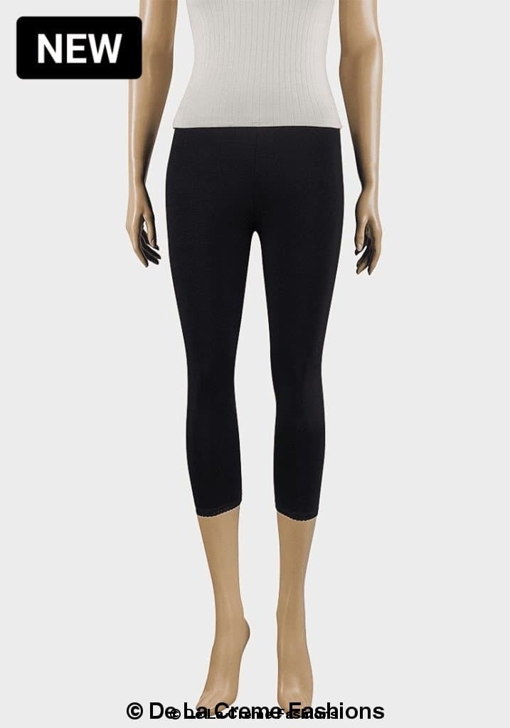 De La Creme Ladies Black Lace Cuff Leggings featuring a stylish lace trim and elastic waistband, perfect for casual and formal wear.