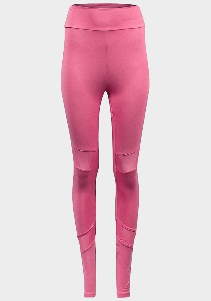 De La Creme Ladies Pink Mesh Panel Leggings featuring a high waist and sheer mesh panels, perfect for stylish workouts.