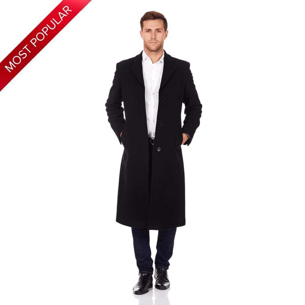 De La Creme MAN Wool & Cashmere Blend Covert Long Coat in black and grey, showcasing its elegant design and luxurious fabric.