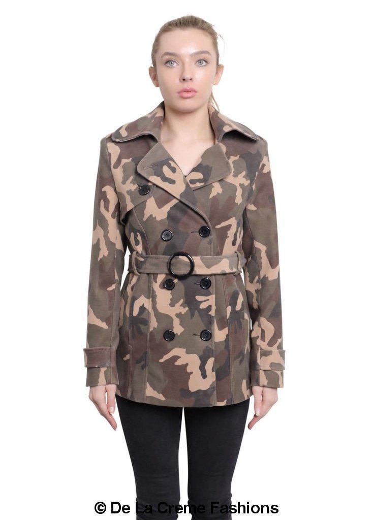 De La Creme Women's Camo Print Double Breasted Short Coat in khaki and red camouflage, featuring a stylish design with a belt and satin lining.