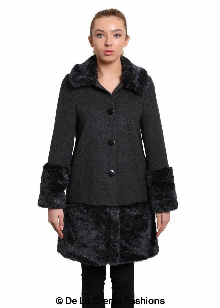 De La Creme Women's Faux Fur Trim Wool Mix Coat featuring a luxurious wool cashmere blend with faux fur details, available in multiple colors.