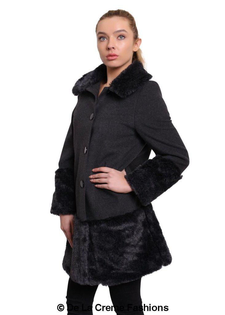 De La Creme Women's Faux Fur Trim Wool Mix Coat featuring a luxurious wool cashmere blend with faux fur details, available in multiple colors.