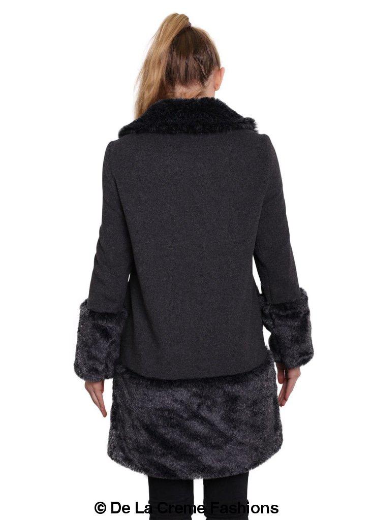De La Creme Women's Faux Fur Trim Wool Mix Coat featuring a luxurious wool cashmere blend with faux fur details, available in multiple colors.