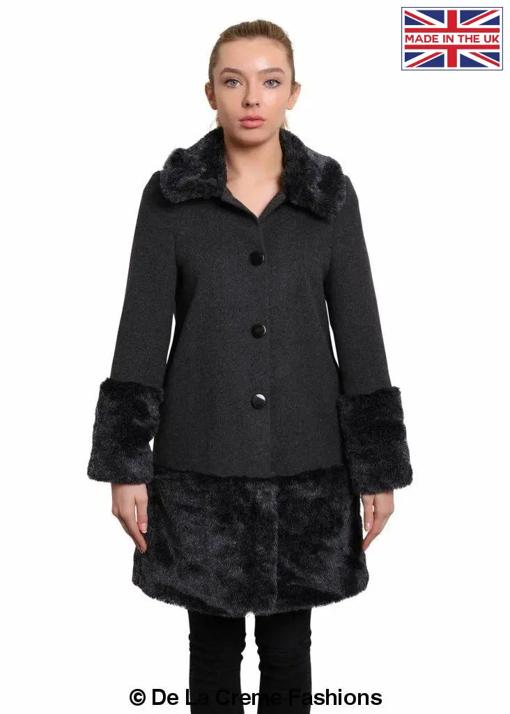 De La Creme Women's Faux Fur Trim Wool Mix Coat featuring a luxurious wool cashmere blend with faux fur details, available in multiple colors.