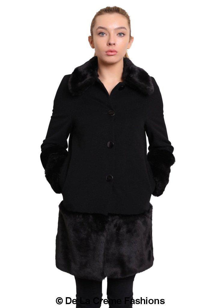 De La Creme Women's Faux Fur Trim Wool Mix Coat featuring a luxurious wool cashmere blend with faux fur details, available in multiple colors.