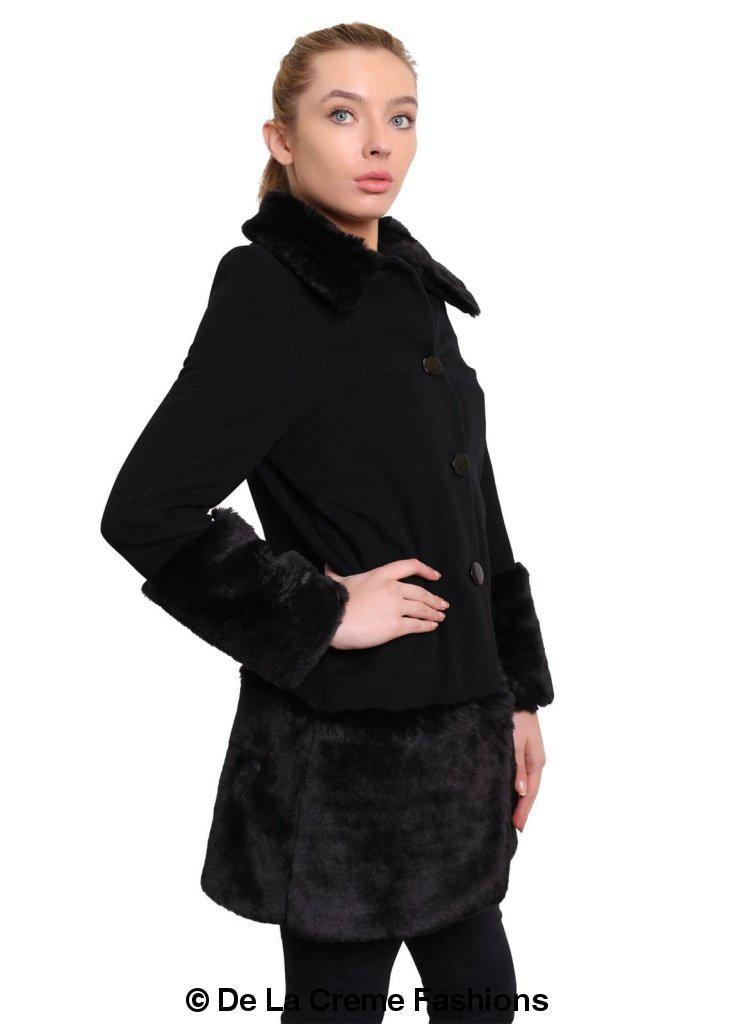 De La Creme Women's Faux Fur Trim Wool Mix Coat featuring a luxurious wool cashmere blend with faux fur details, available in multiple colors.