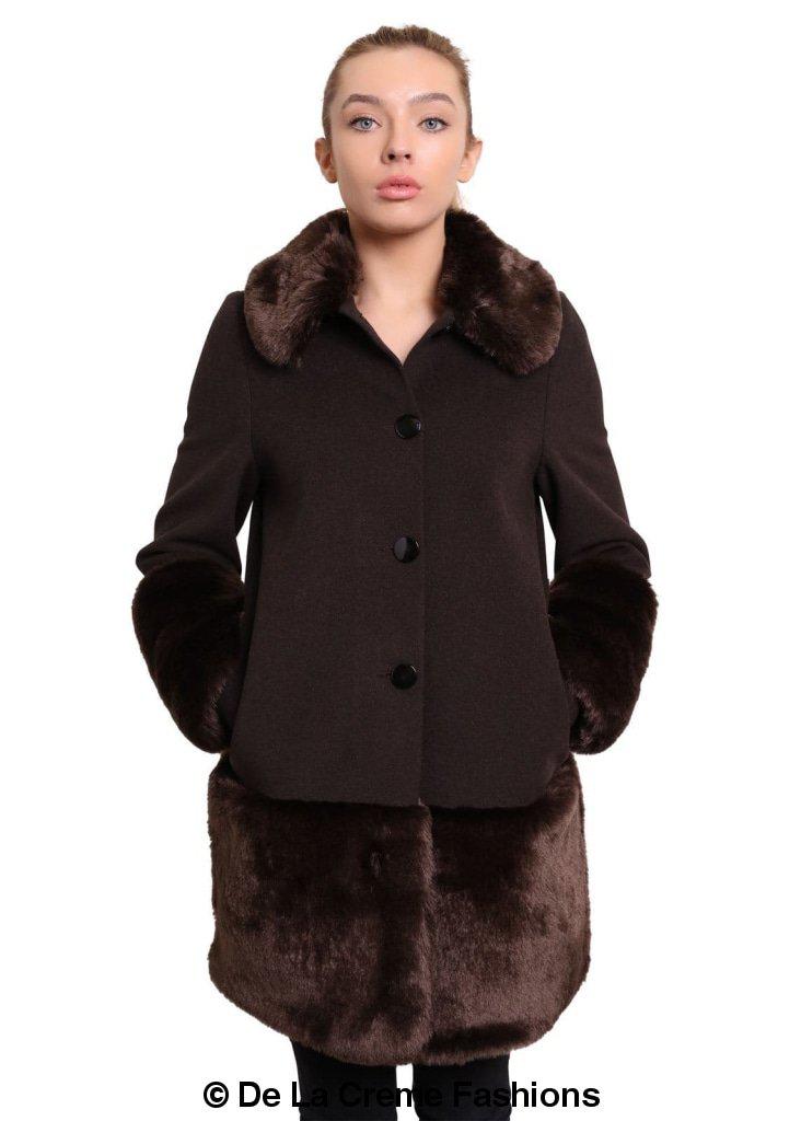 De La Creme Women's Faux Fur Trim Wool Mix Coat featuring a luxurious wool cashmere blend with faux fur details, available in multiple colors.