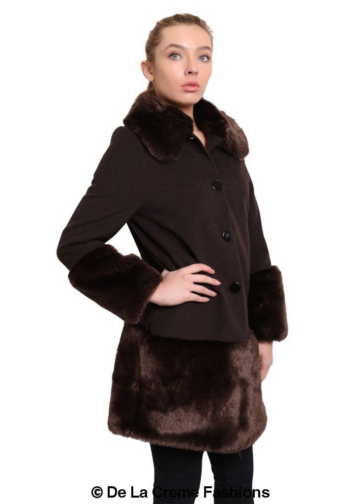 De La Creme Women's Faux Fur Trim Wool Mix Coat featuring a luxurious wool cashmere blend with faux fur details, available in multiple colors.