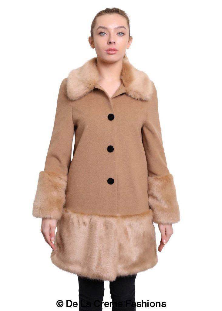De La Creme Women's Faux Fur Trim Wool Mix Coat featuring a luxurious wool cashmere blend with faux fur details, available in multiple colors.