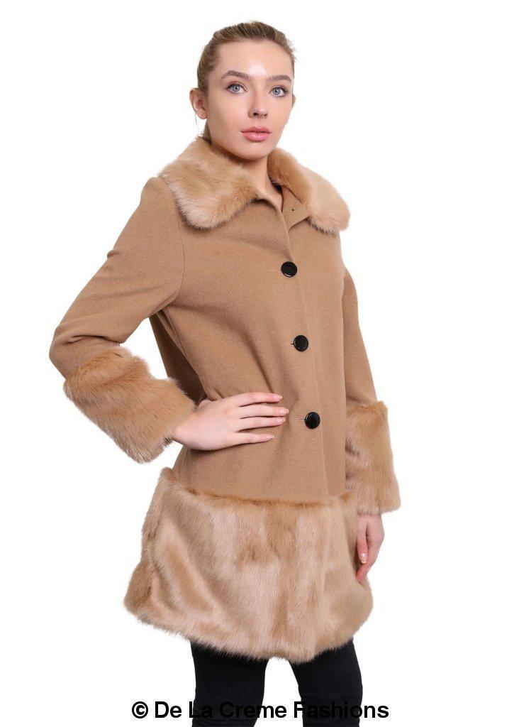 De La Creme Women's Faux Fur Trim Wool Mix Coat featuring a luxurious wool cashmere blend with faux fur details, available in multiple colors.