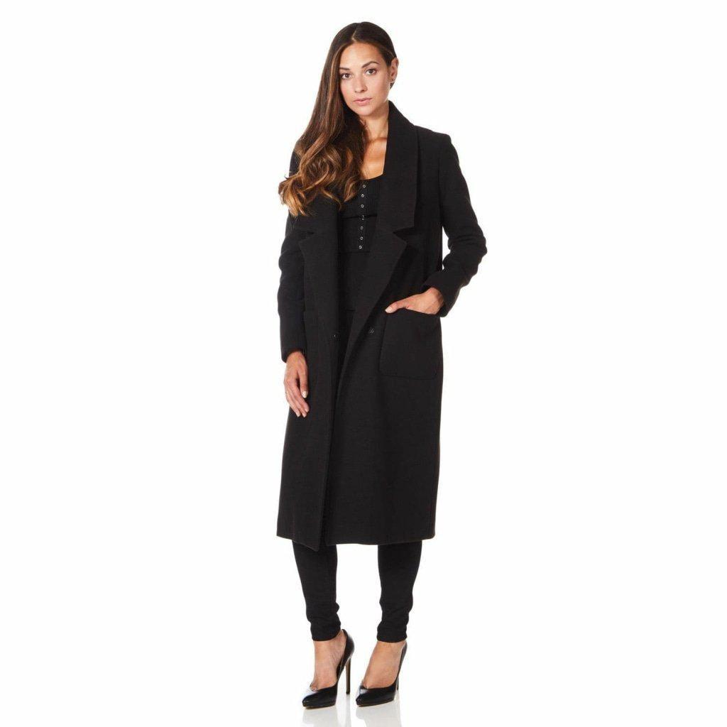 De La Creme Women's Faux Wool Wrap Coat in black, showcasing its elegant design and long sleeves.