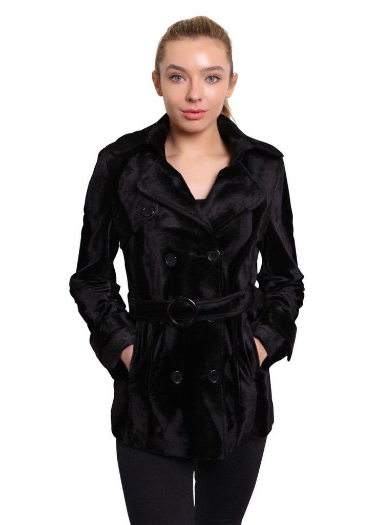 De La Creme Women's Luxury Black Ponyskin Double Breasted Short Coat displayed elegantly, showcasing its crushed black velvet fabric and stylish design.