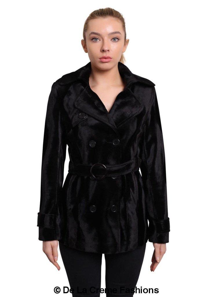 De La Creme Women's Luxury Black Ponyskin Double Breasted Short Coat displayed elegantly, showcasing its crushed black velvet fabric and stylish design.