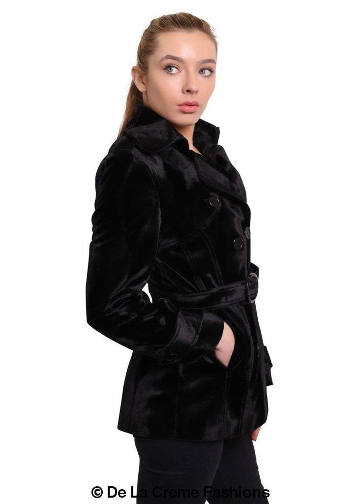 De La Creme Women's Luxury Black Ponyskin Double Breasted Short Coat displayed elegantly, showcasing its crushed black velvet fabric and stylish design.