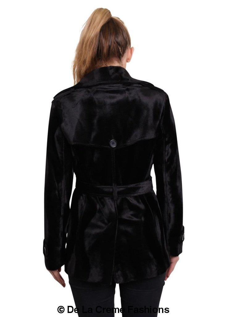 De La Creme Women's Luxury Black Ponyskin Double Breasted Short Coat displayed elegantly, showcasing its crushed black velvet fabric and stylish design.