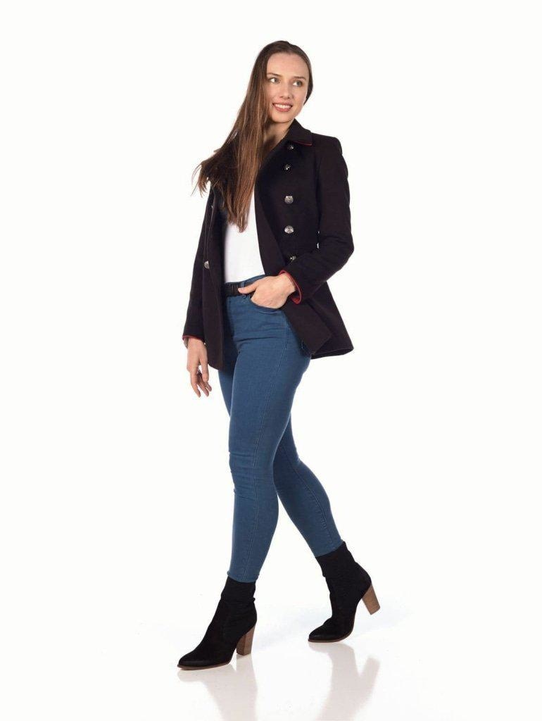 De La Creme Women's Military Style Pea Coat in black with red piping, featuring double-breasted fastening and two pockets.