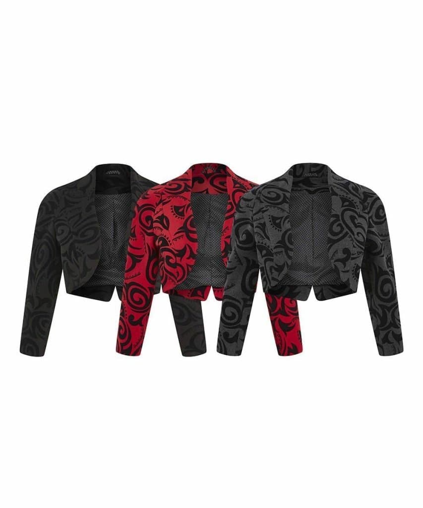De La Creme Women's Open Front Bolero Shrug in tribal print, available in black, grey, and red, showcasing its stylish cropped design.