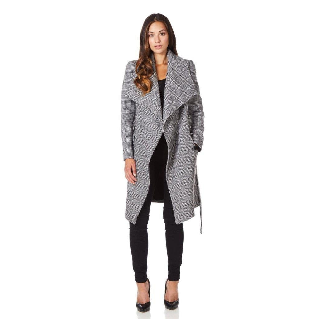 De La Creme Women's Prince Of Wales Check Large Lapel Duster Coat featuring a stylish check pattern and waterfall collar.