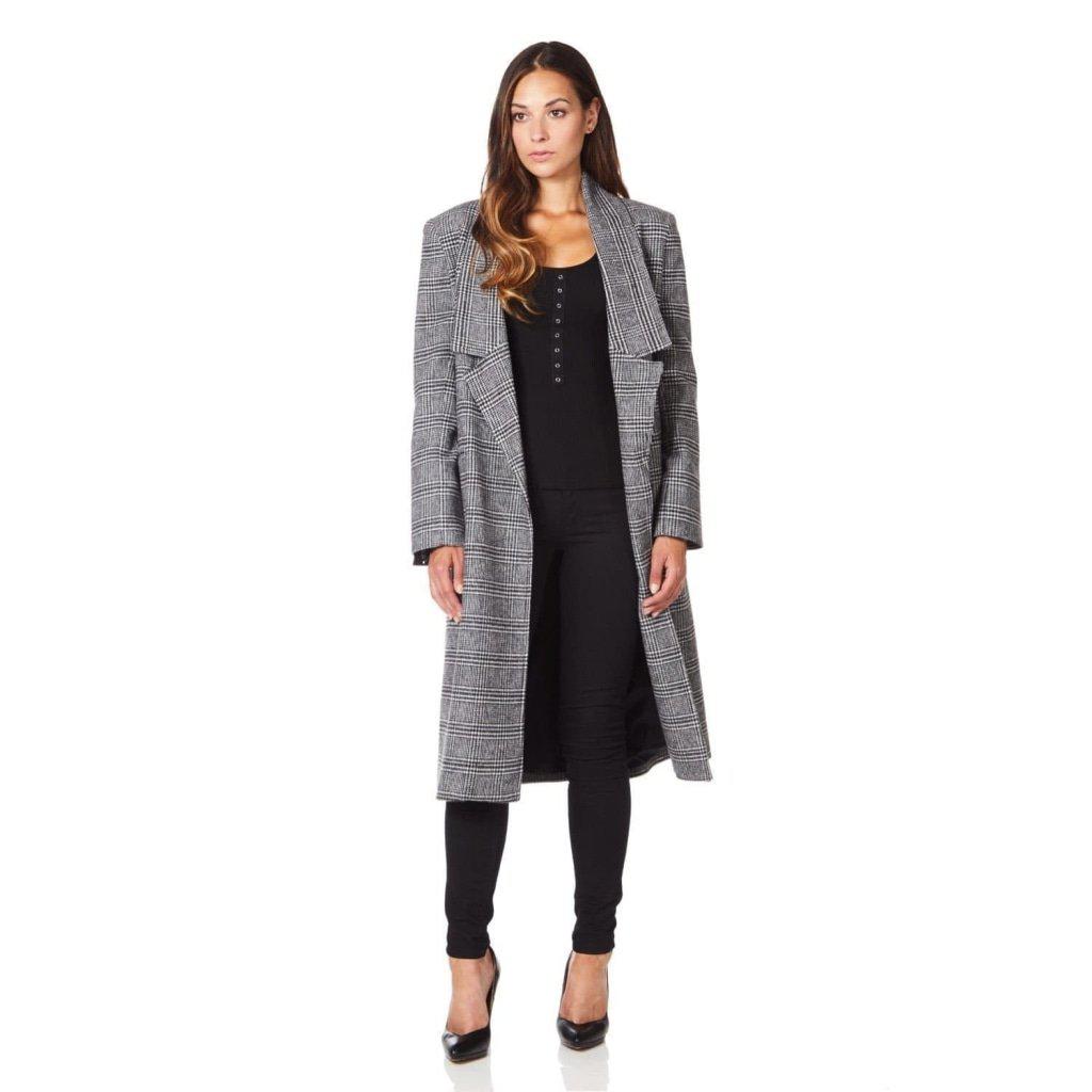 De La Creme Women's Prince Of Wales Check Wrap Long Coat featuring a classic check pattern, long sleeves, and a single breasted hidden popper fastening.