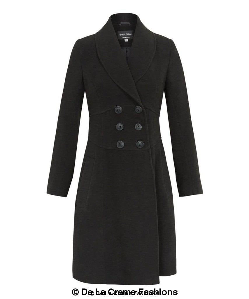 De La Creme Women's Slim Fit Double Breasted Roll Collared Coat in black, showcasing its elegant design and double breasted fastening.