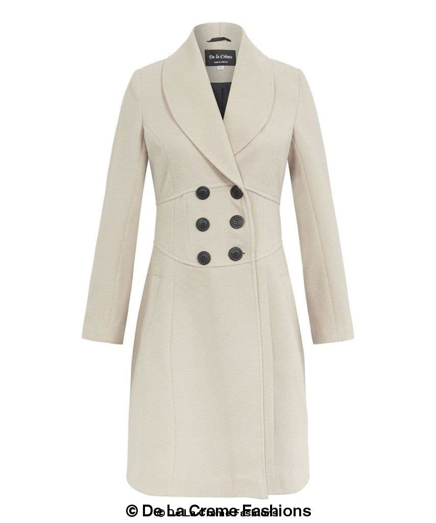 De La Creme Women's Slim Fit Double Breasted Roll Collared Coat in black, showcasing its elegant design and double breasted fastening.
