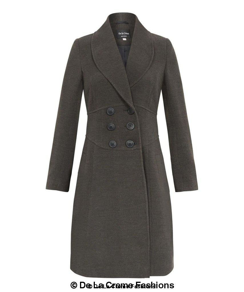 De La Creme Women's Slim Fit Double Breasted Roll Collared Coat in black, showcasing its elegant design and double breasted fastening.