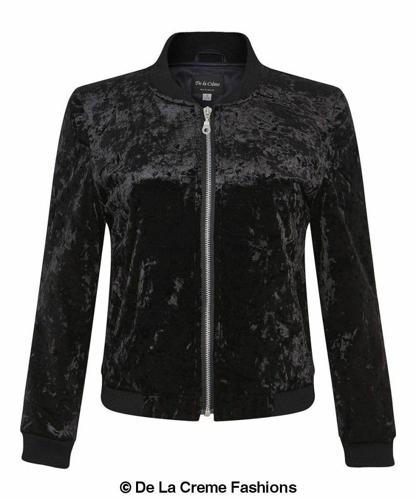 De La Creme Women's Velvet Zip-Thru Varsity Bomber Jacket in vibrant colors, showcasing luxurious velvet fabric and stylish design.