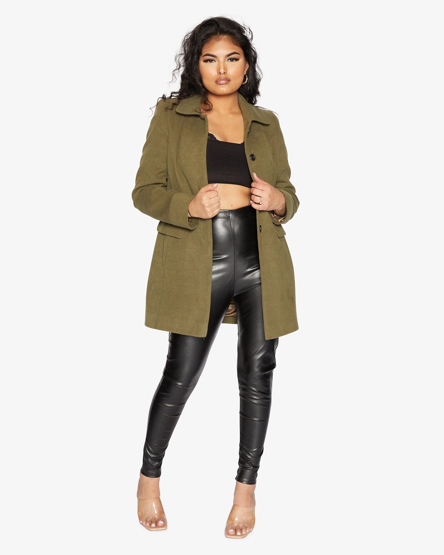 De La Creme Women's Wool Blend Hip Length Covert Coat in various colors, featuring concealed buttons and two pockets.