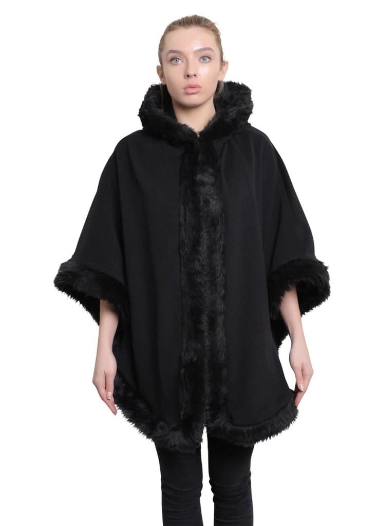 De La Creme Women's Wool & Cashmere Blend Fur Lined Hooded Cape in black, showcasing its luxurious fabric and stylish design.