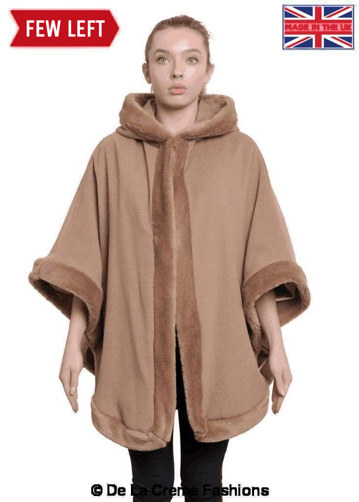 De La Creme Women's Wool & Cashmere Blend Fur Lined Hooded Cape in black, showcasing its luxurious fabric and stylish design.